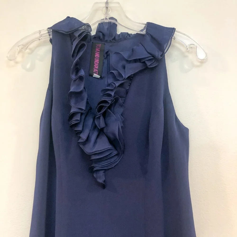 Tom and Linda Platt Ruffled Cocktail Formal Navy Mini Sheath Dress Women's 4 - Picture 2 of 4